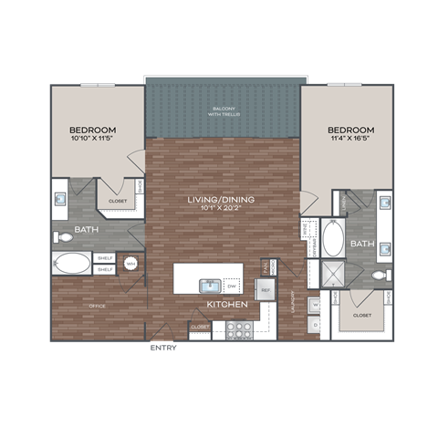 A floor plan of a house with two bedrooms, a living/dining area, a kitchen, an office, a bathroom, and a closet.
